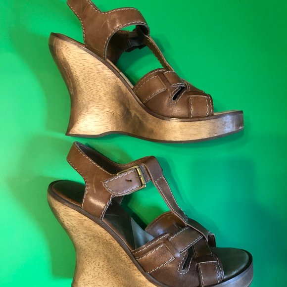 Mia Joplyn Brown Leather/Wood Wedge Sandals, Size 8, Excellent Condition - Picture 3 of 12